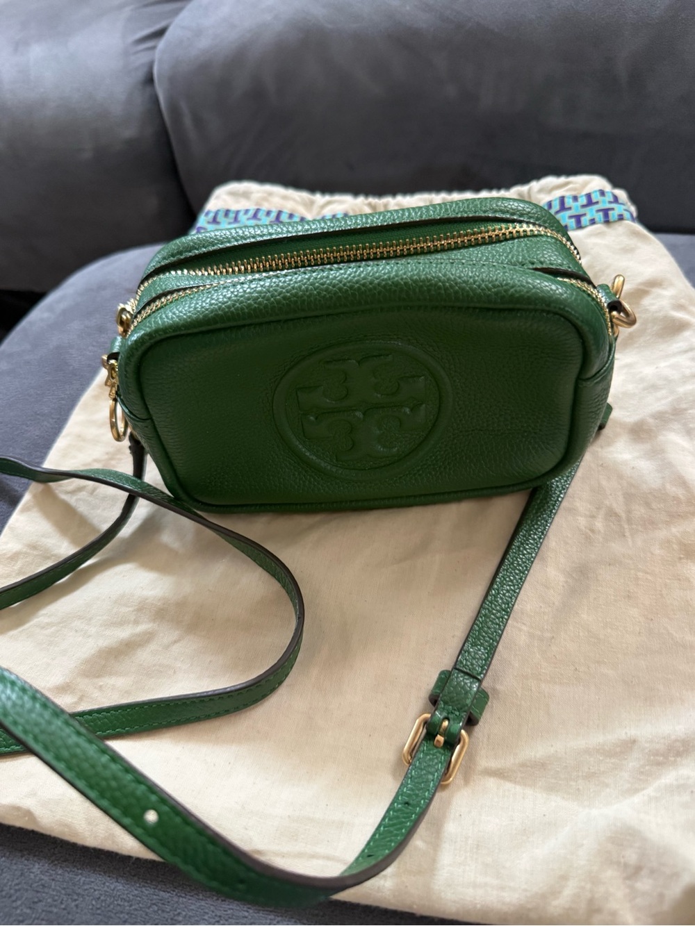 Tory Burch Emerald Green Pebbled Leather Crossbody Bag